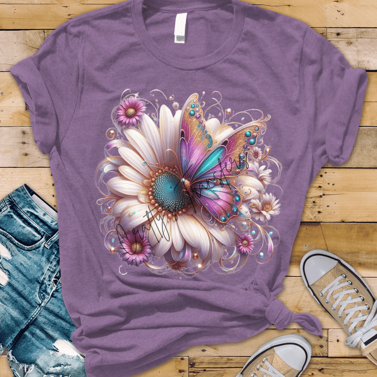 Iridescent Butterfly Daisy DTF Transfer | Pastel Floral Jewel Butterfly Boho Sparkle Graphic Heat Transfer