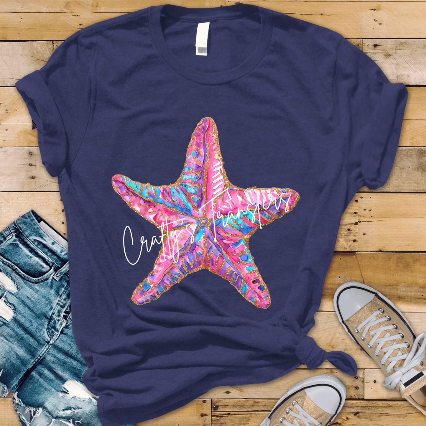 Colorful Starfish DTF Transfer | Glitter Watercolor Beach Graphic | Summer Coastal Ocean Tee Design