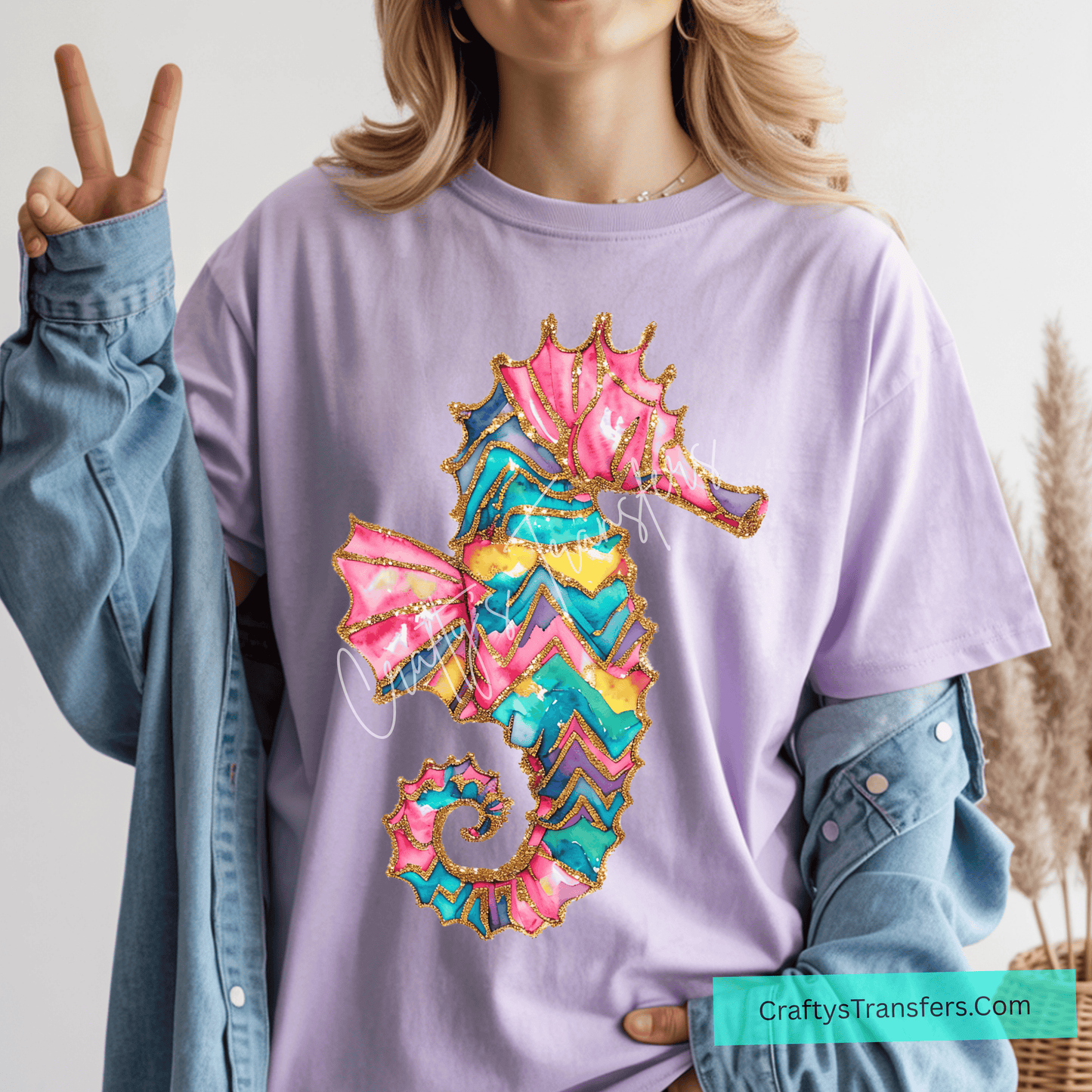 Colorful Seahorse DTF Transfer | Glitter Watercolor Coastal Graphic | Beach Ocean Summer Tee Design