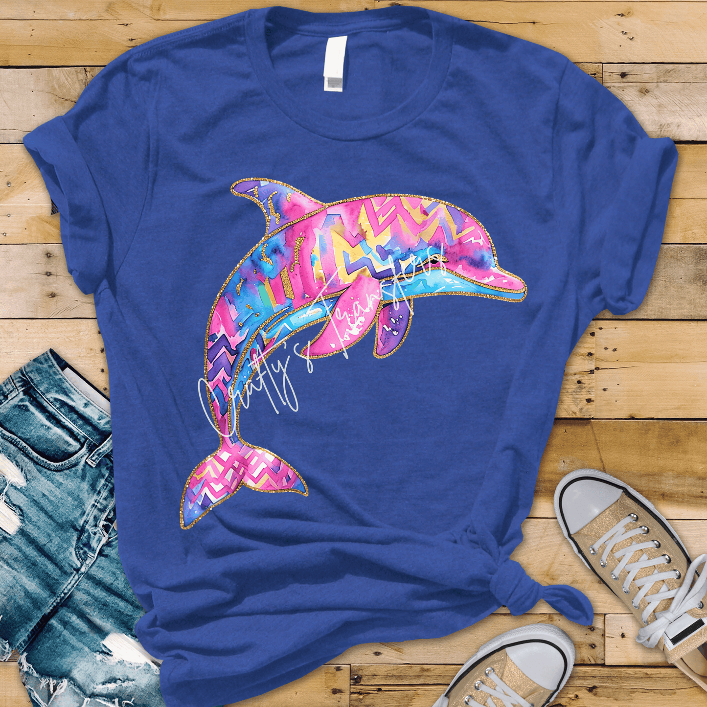 Colorful Dolphin DTF Transfer | Glitter Watercolor Coastal Graphic | Beach Ocean Summer Tee Design