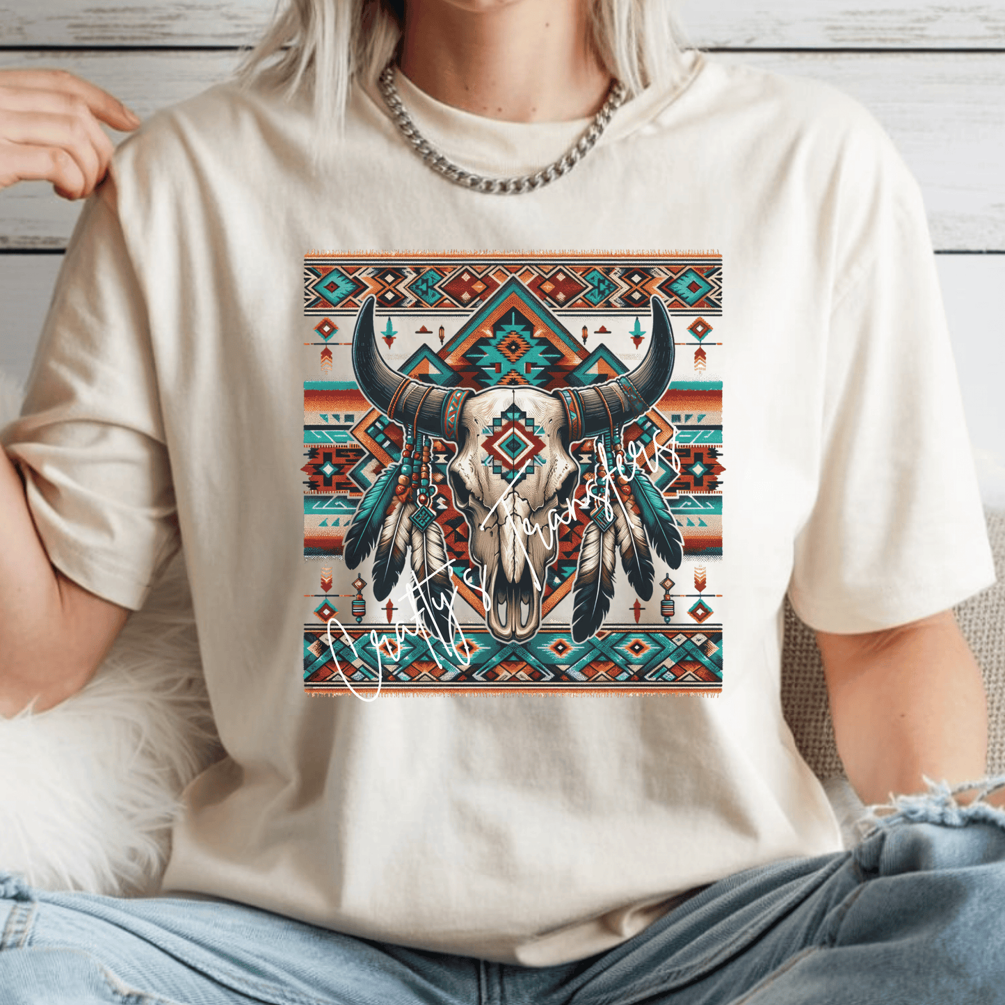 Aztec Steer Skull DTF Transfer | Western Cow Skull Graphic | Turquoise Boho Cowgirl Shirt Design | Serape Southwest Ready to Press
