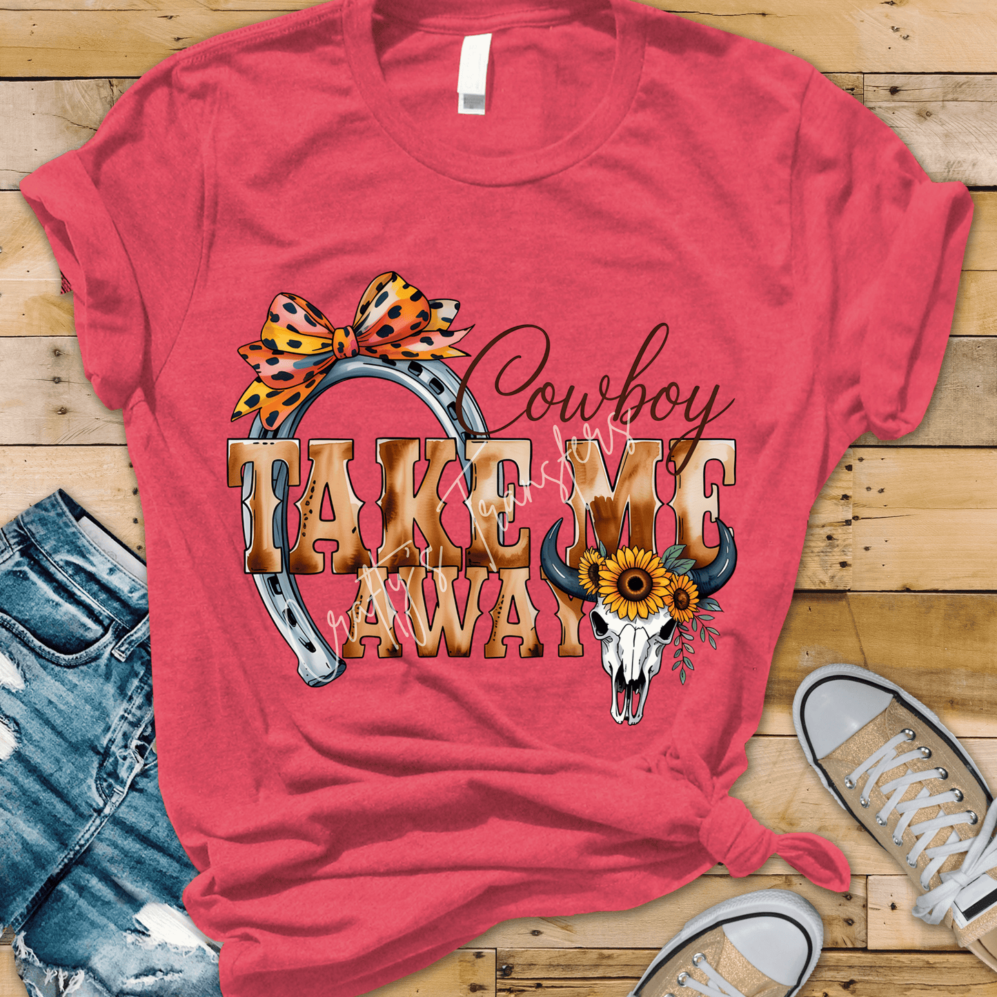 Cowboy Take Me Away DTF Transfer | Western Cowgirl Graphic Tee Design | Sunflower Cow Skull Shirt | Rustic Country Boutique Transfer