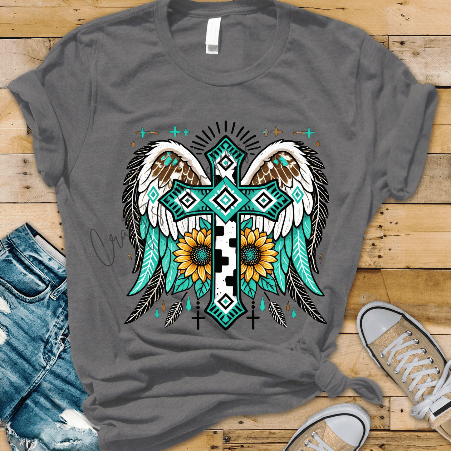 Western Cross DTF Transfer | Turquoise Aztec Cross with Wings & Sunflowers | Faith Based Cowgirl Shirt Design | Christian Boutique Ready to Press