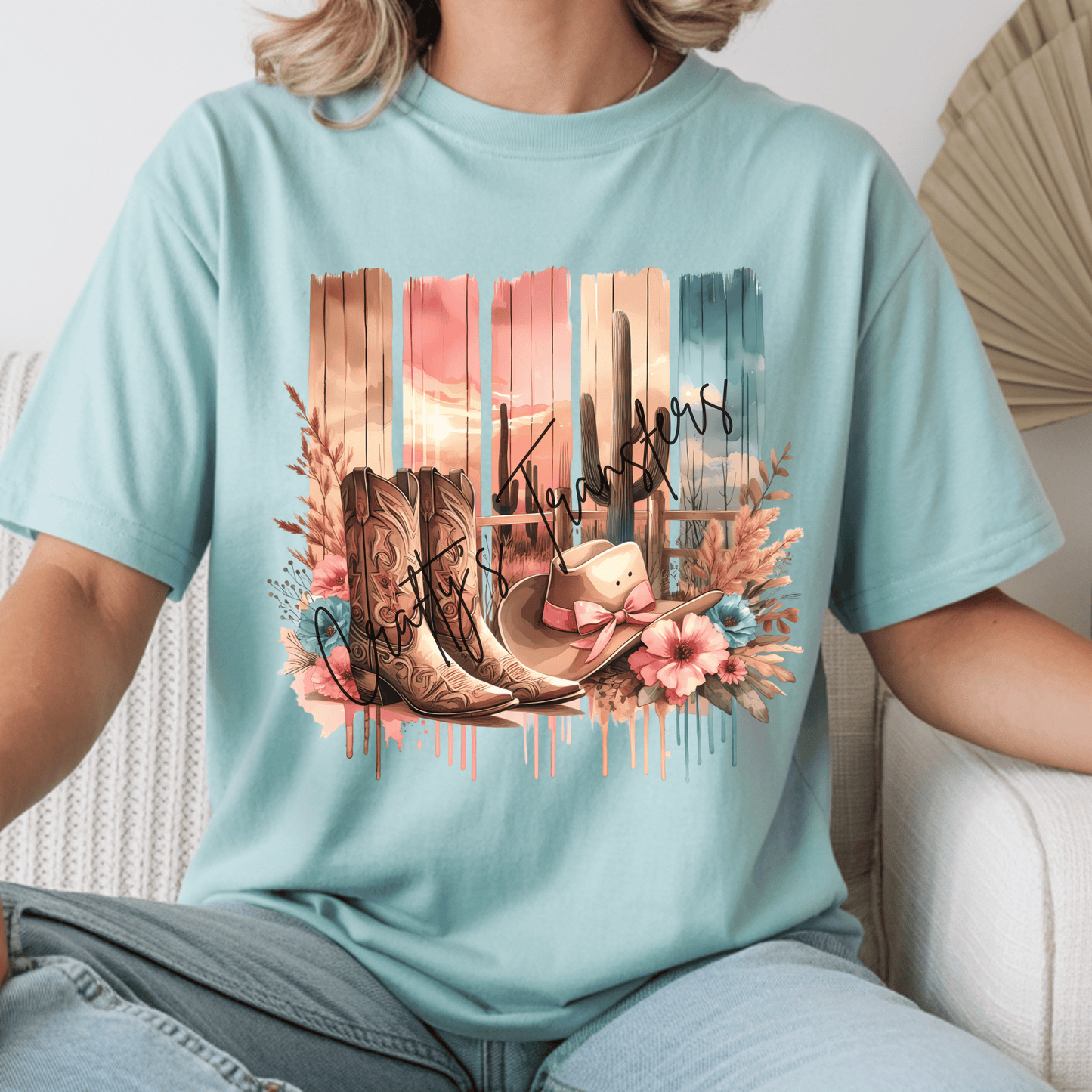 Western Cowgirl Boots & Hat DTF Transfer | Pastel Desert Sunset Cactus Design | Boho Western Boutique Shirt Graphic | Ready to Press