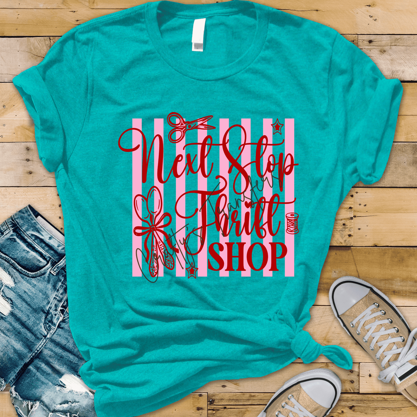 Next Stop Thrift Shop DTF Transfer | Thrifting Lover Shirt Design | Vintage Aesthetic Graphic Tee | Cute Sewing & Bow Thrift Shirt Transfer