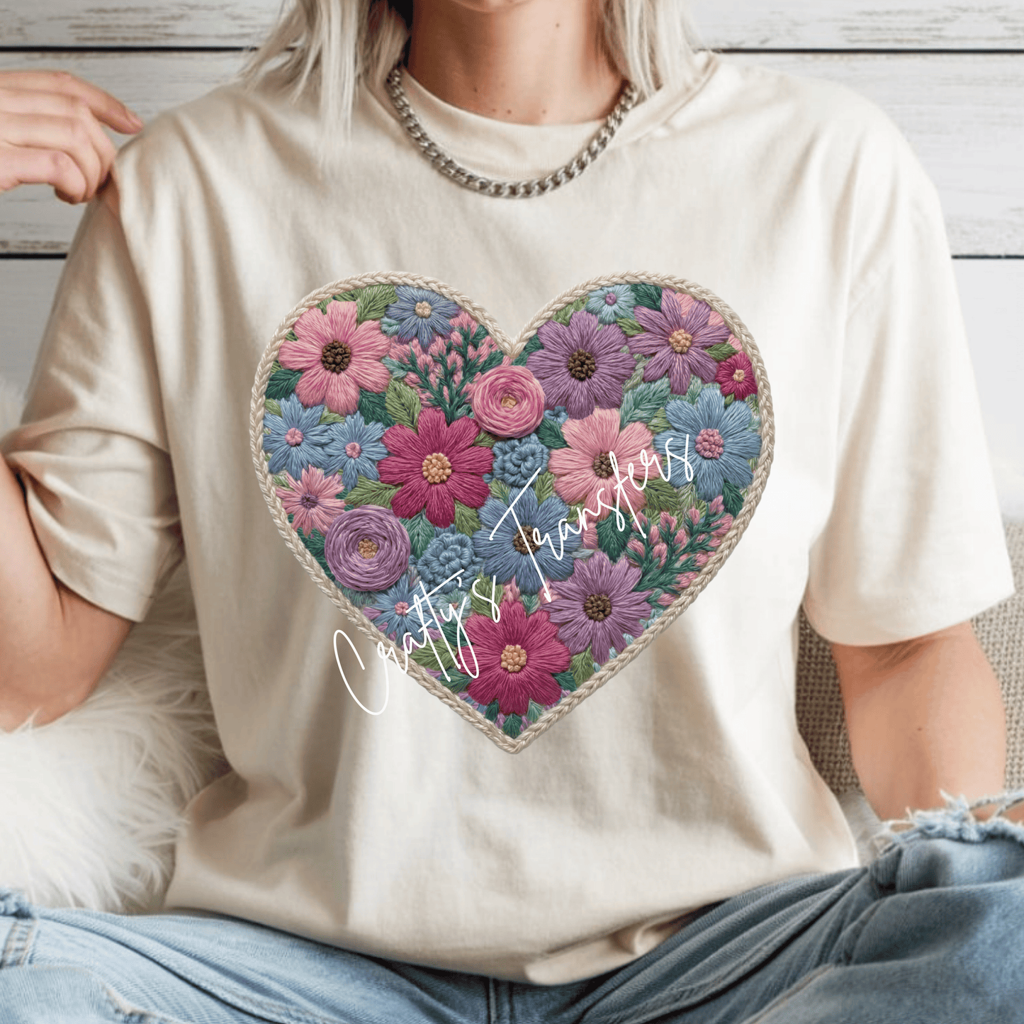 Floral Heart DTF Transfer | Embroidered Style Flower Heart Design | Valentineās Shirt Transfer | Pastel Floral Graphic | Boutique Spring Tee Design