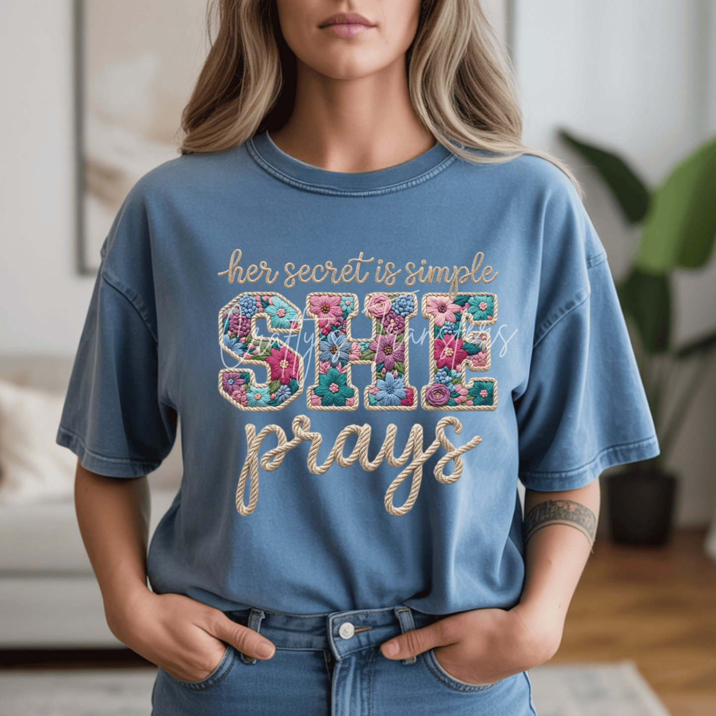 Her Secret Is Simple She Prays DTF Transfer | Floral Embroidered Style Christian Shirt Design | Faith Based Inspirational Graphic Tee | Boutique Religious Transfer
