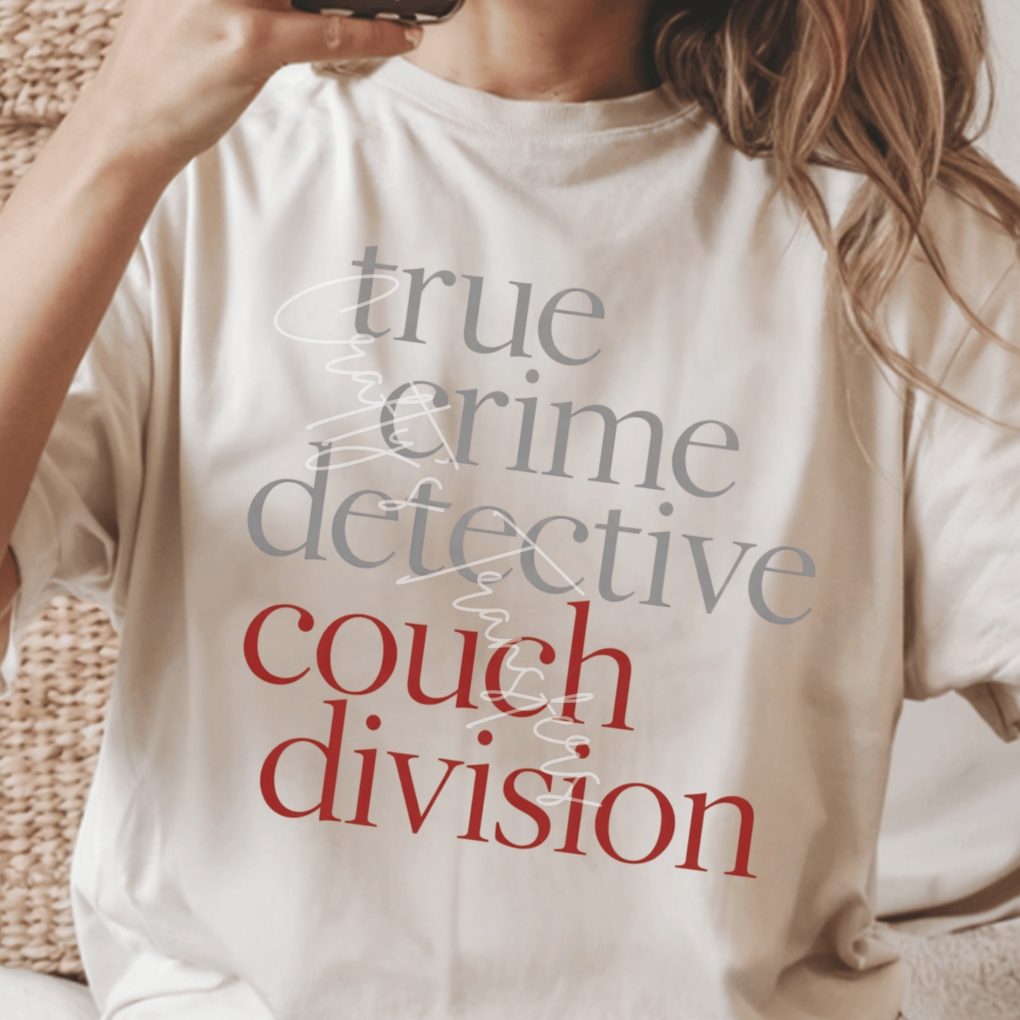 True Crime Detective Couch Division DTF Transfer | Funny True Crime Shirt Design | Crime Junkie Graphic Tee | Podcast Lover Transfer