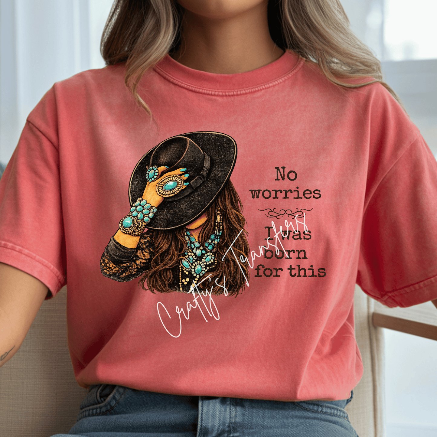 Western Cowgirl Hat Tip DTF Transfer | Turquoise Jewelry Cowgirl Graphic | Blonde Cowgirl Western Shirt Design | Boutique Rodeo Tee Transfer