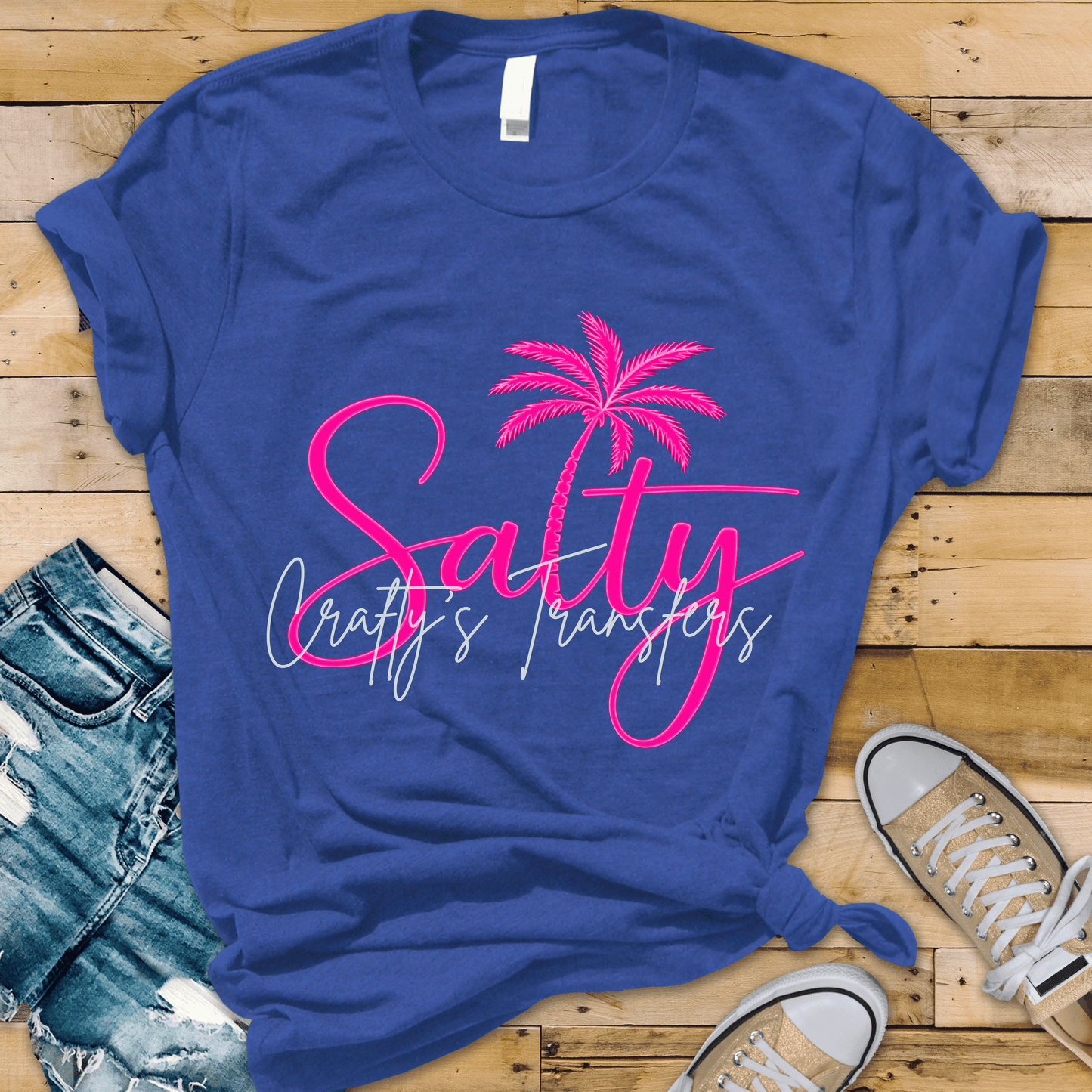 Salty Neon Pink Palm Tree DTF Transfer | Beach Summer Script Design | Trendy Coastal Graphic Tee Transfer