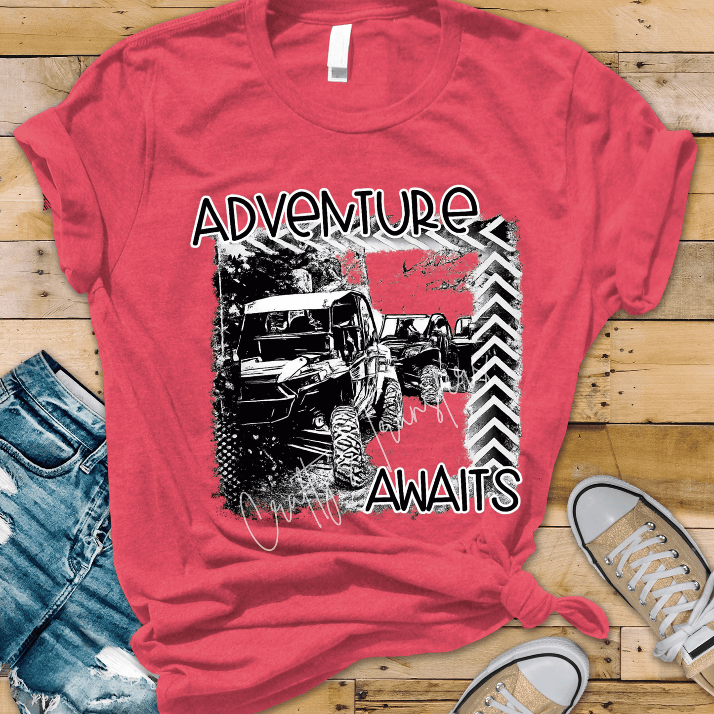 Adventure Awaits SXS DTF Transfer | Off Road UTV Graphic | Black & White Trail Riding Shirt Design