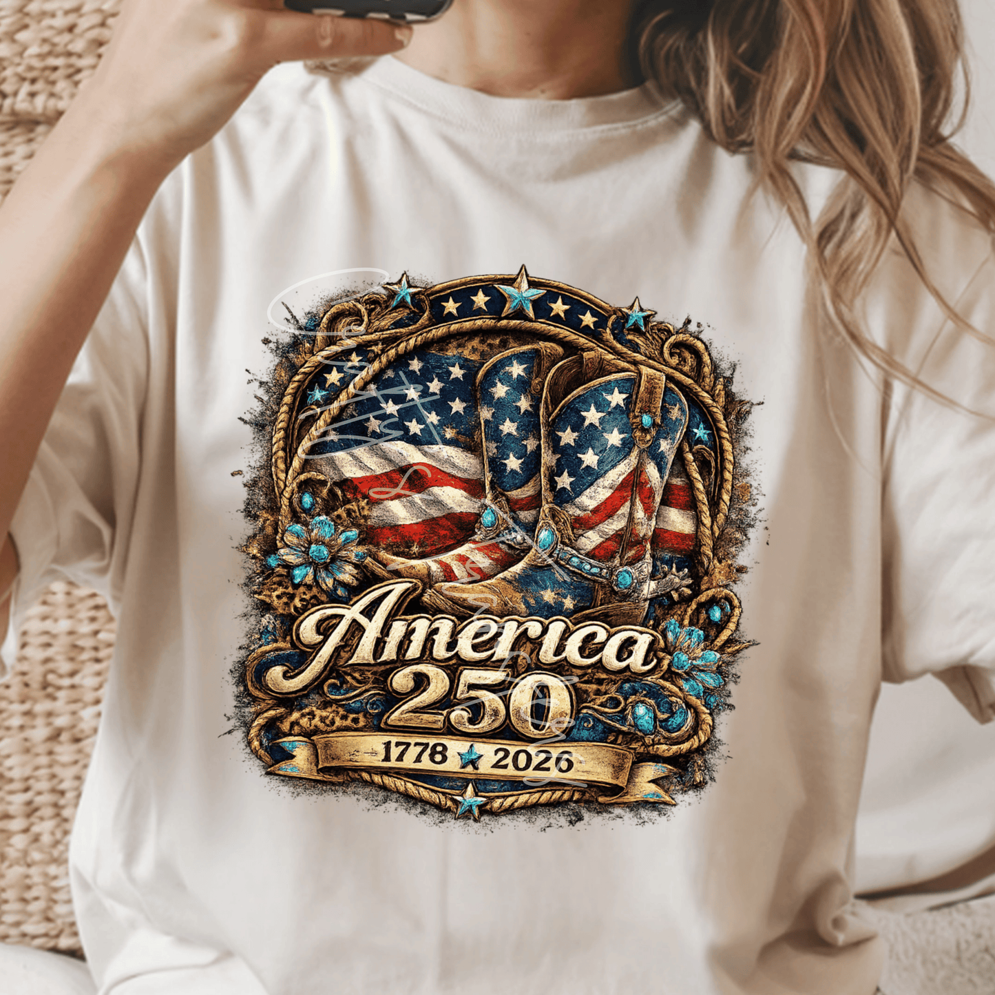 America 250 DTF Transfer | Patriotic Cowboy Boots Graphic | 1776-2026 Fourth of July Shirt Design