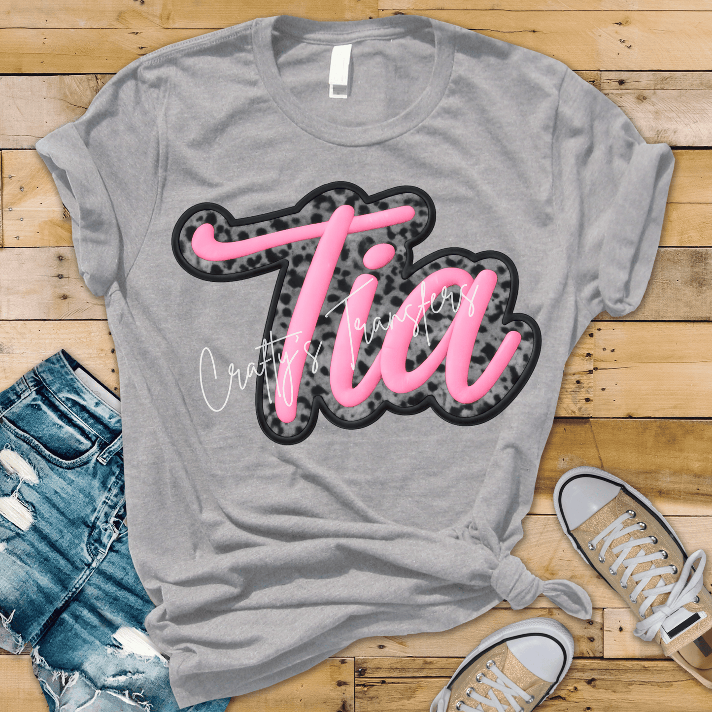 Tia Name DTF Transfer – Pink Script Cheetah Print Custom Name Transfer – Trendy Girls Shirt Design – Ready to Press