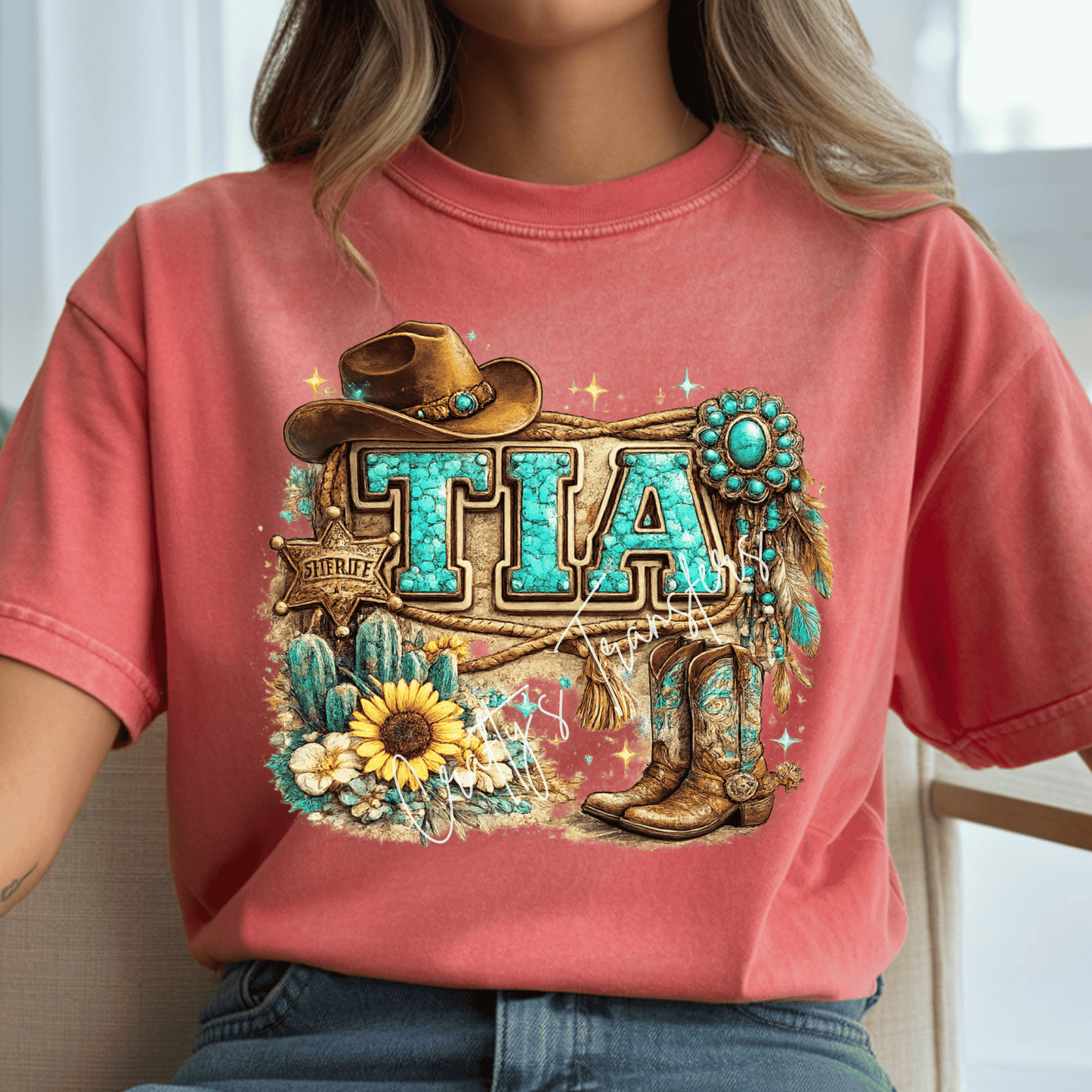 Tia Western Cowgirl DTF Transfer – Turquoise Name Design with Boots, Hat & Sunflower – Rustic Country Shirt Transfer