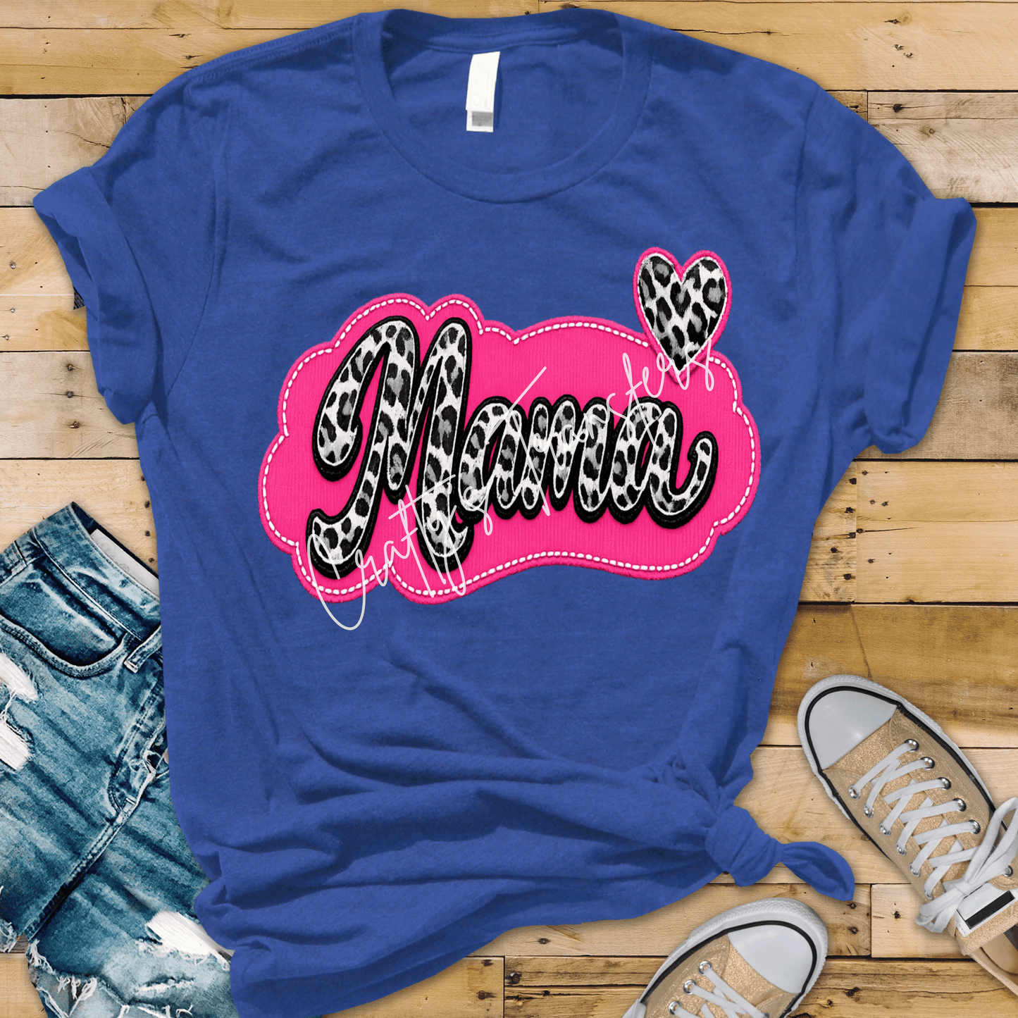 Mama Pink Patch Style DTF Transfer – Cheetah Print Script with Heart – Trendy Mom Shirt Transfer
