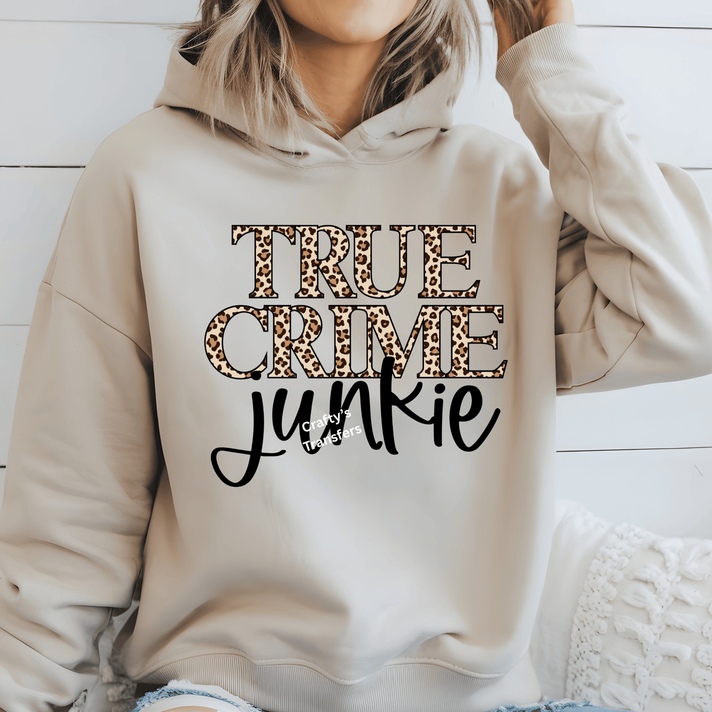 True Crime Cheetah Print DTF Transfer – Bold Leopard Text Graphic – Trendy True Crime Shirt Design