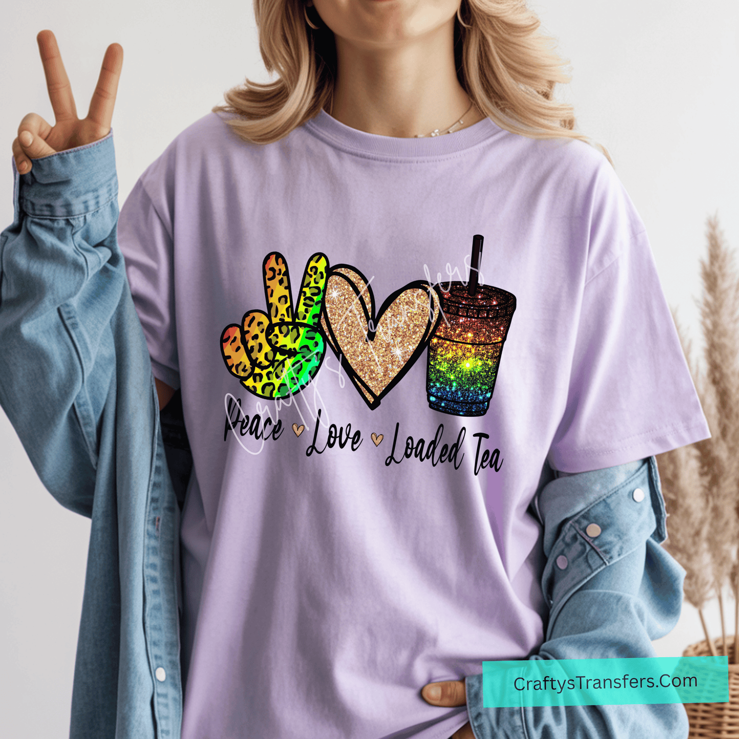 Peace Love Loaded Tea DTF Transfer – Rainbow Glitter Leopard Hand & Iced Drink Design – Trendy Boutique Shirt Transfer