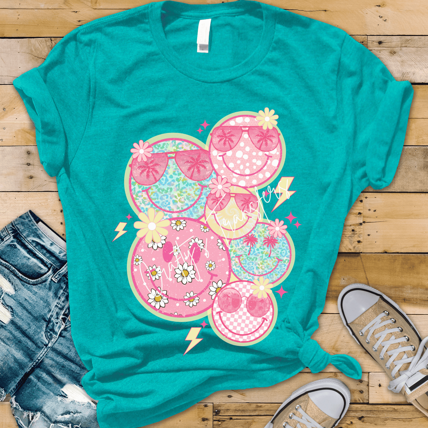 Smiley Face Collage DTF Transfer | Retro Groovy Daisy & Checkered Smile Graphic | Trendy Y2K Aesthetic Shirt Design