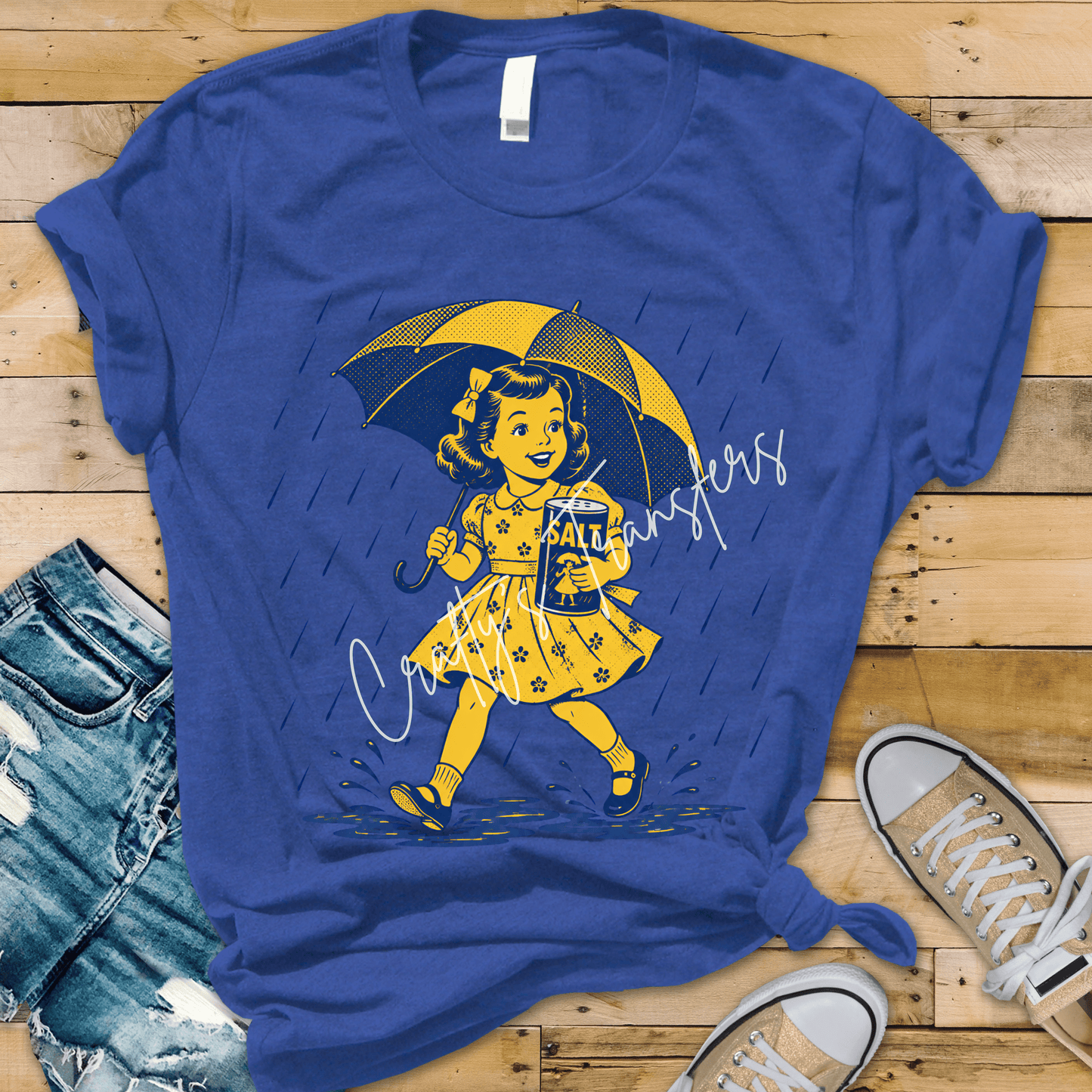 Funny “Stay Salty” DTF Transfer | Retro Girl in Rain with Umbrella Graphic | Sarcastic Vintage Style Shirt Design