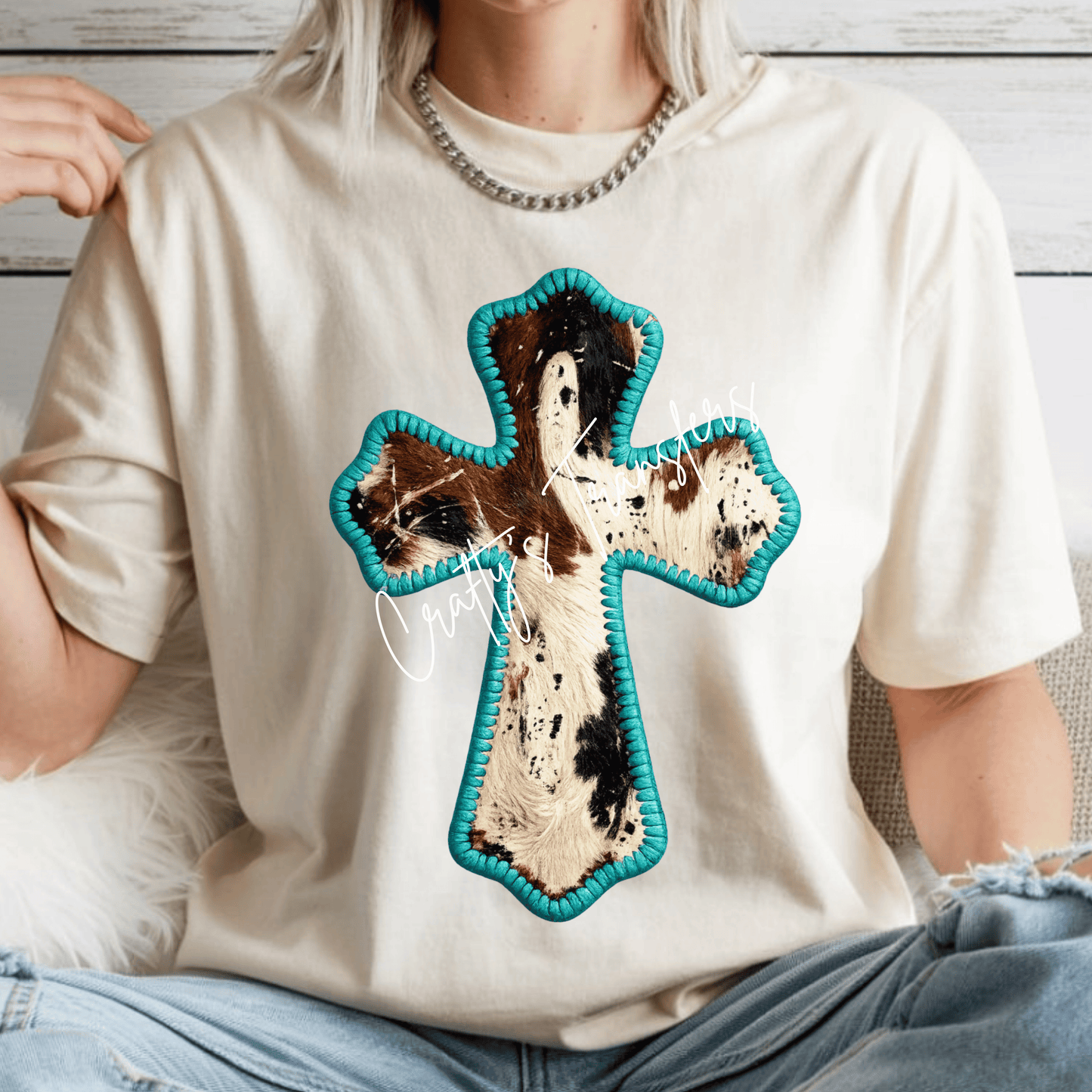 Cowhide Cross DTF Transfer with Turquoise Stitch | Western Boho Cross Shirt Design | Faith Rustic Boutique Graphic