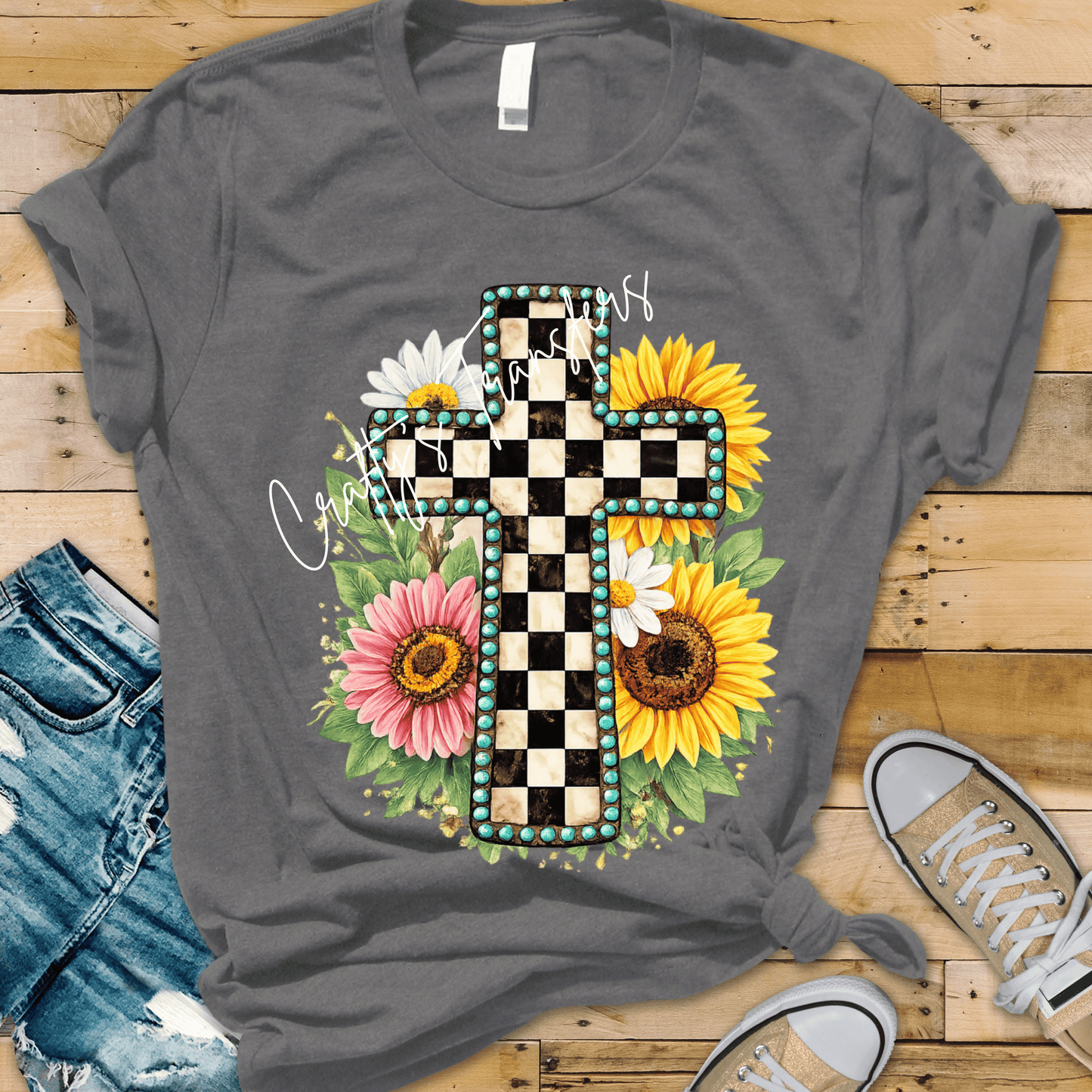 Checkered Cross Floral DTF Transfer | Western Turquoise Faith Graphic Tee Design | Sunflower Christian Shirt Transfer