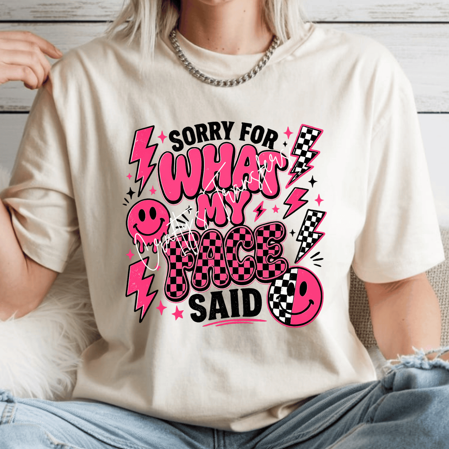 Sorry For What My Face Said DTF Transfer | Pink Checkered Smiley Face Retro Lightning Bolt Heat Transfer