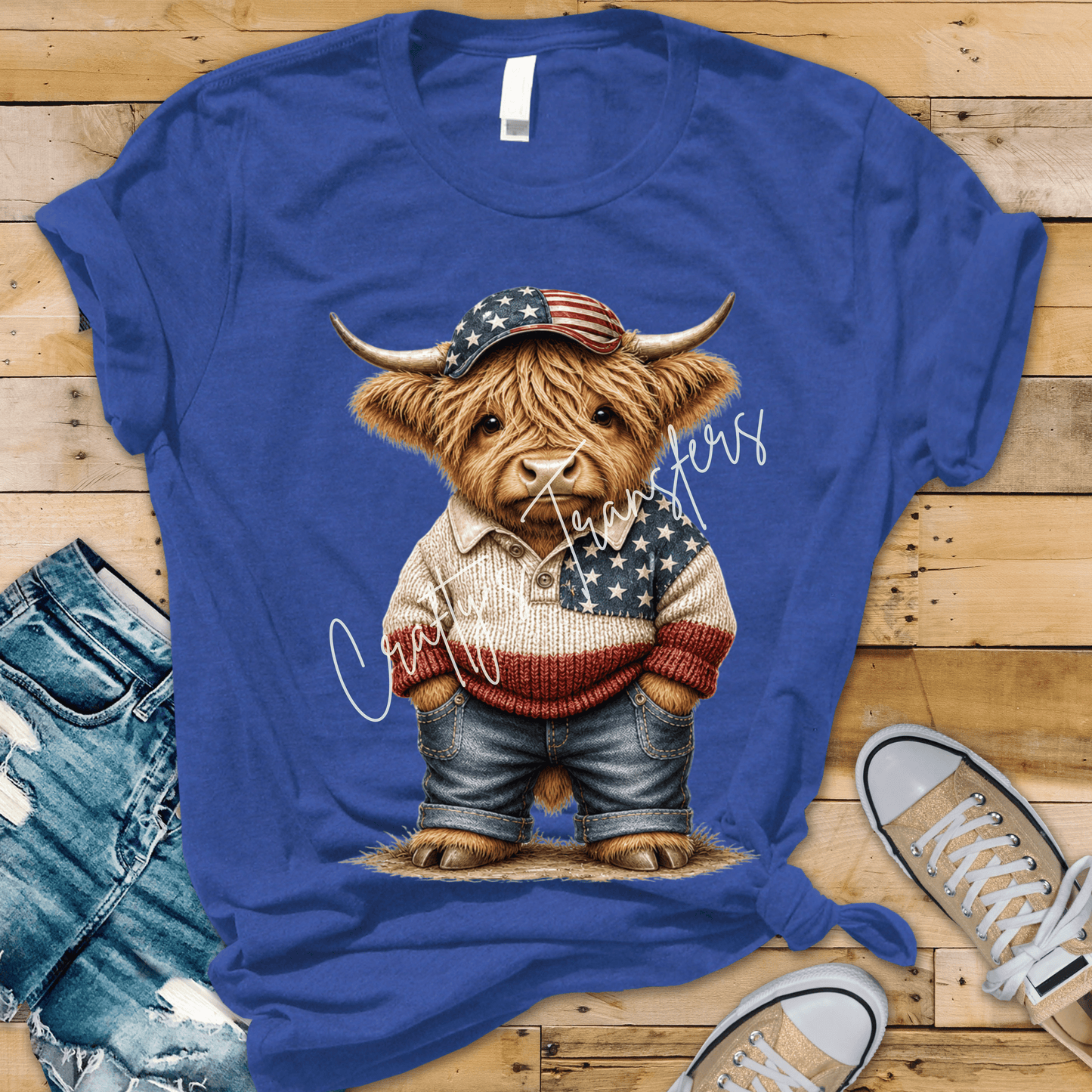 Patriotic Highland Cow DTF Transfer | 4th of July Cow Graphic Transfer | Americana Western Shirt Design