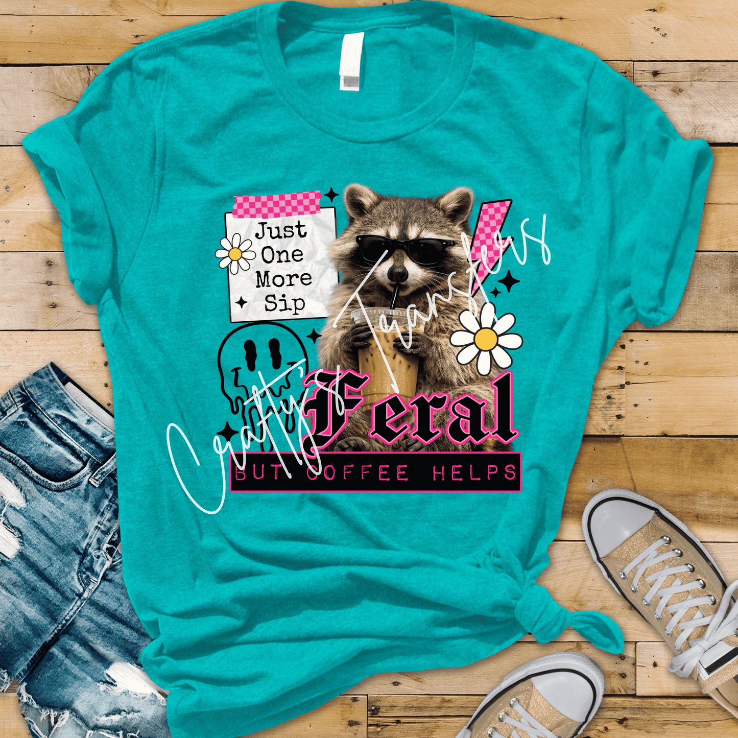 Feral But Coffee Helps DTF Transfer | Funny Raccoon Coffee Graphic Transfer | Cute Caffeine Shirt Design
