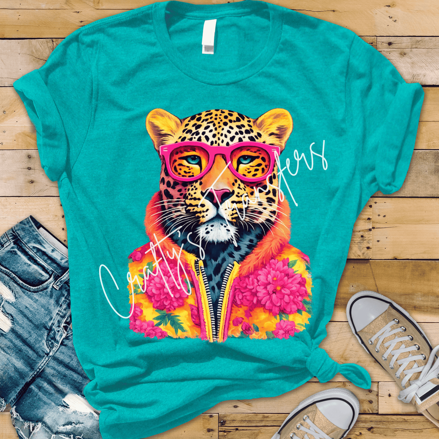 Dopamine Leopard DTF Transfer | Colorful Leopard in Pink Glasses Graphic | Trendy Boutique Animal Print Shirt Design
