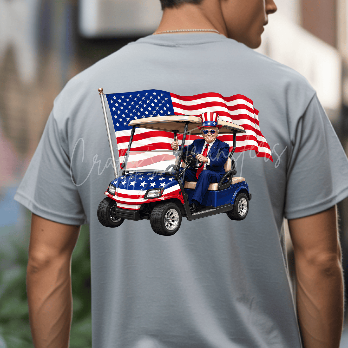 Patriotic Golf Cart Trump DTF Transfer | America Flag Political Graphic Tee Transfer | Funny Fourth of July Shirt Design