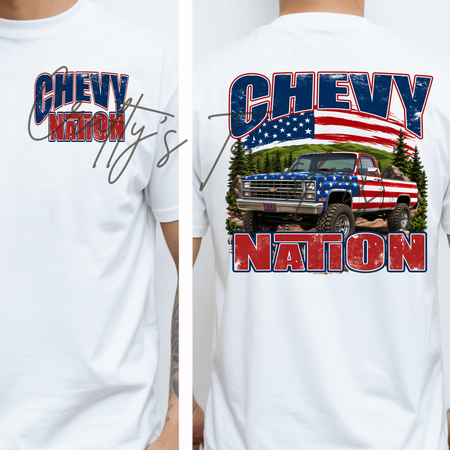 Chevy Nation Patriotic Pocket & Back DTF Transfer | American Flag Chevy Truck Shirt Transfer | USA Truck Graphic Tee Design
