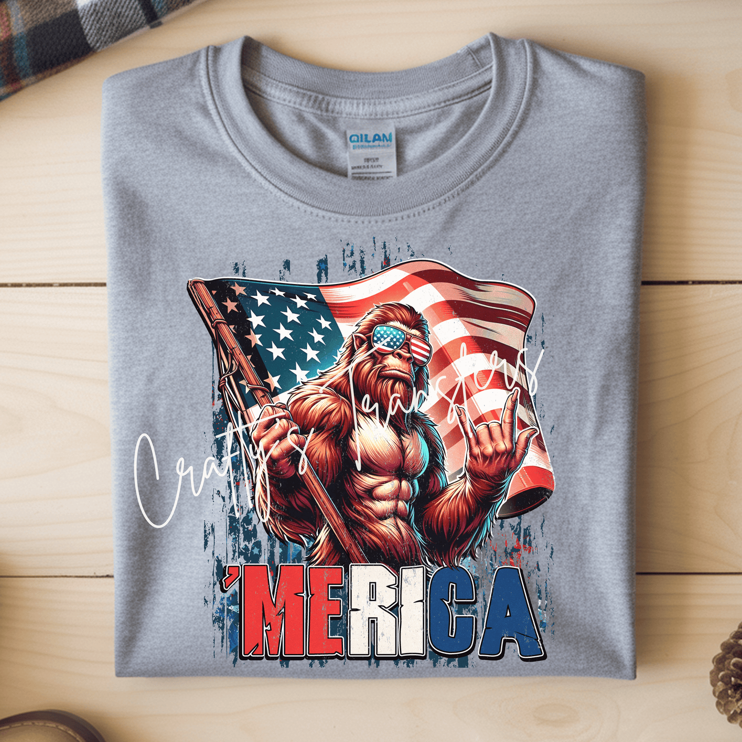 Patriotic Bigfoot ‘Merica DTF Transfer | Funny Sasquatch American Flag Graphic | 4th of July Shirt Transfer