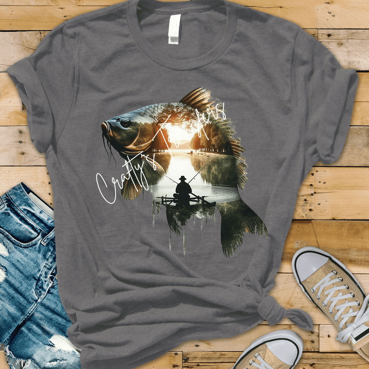 Fishing Scene Fish DTF Transfer | Nature Lake Fishing Graphic Tee Transfer | Rustic Fisherman Shirt Design