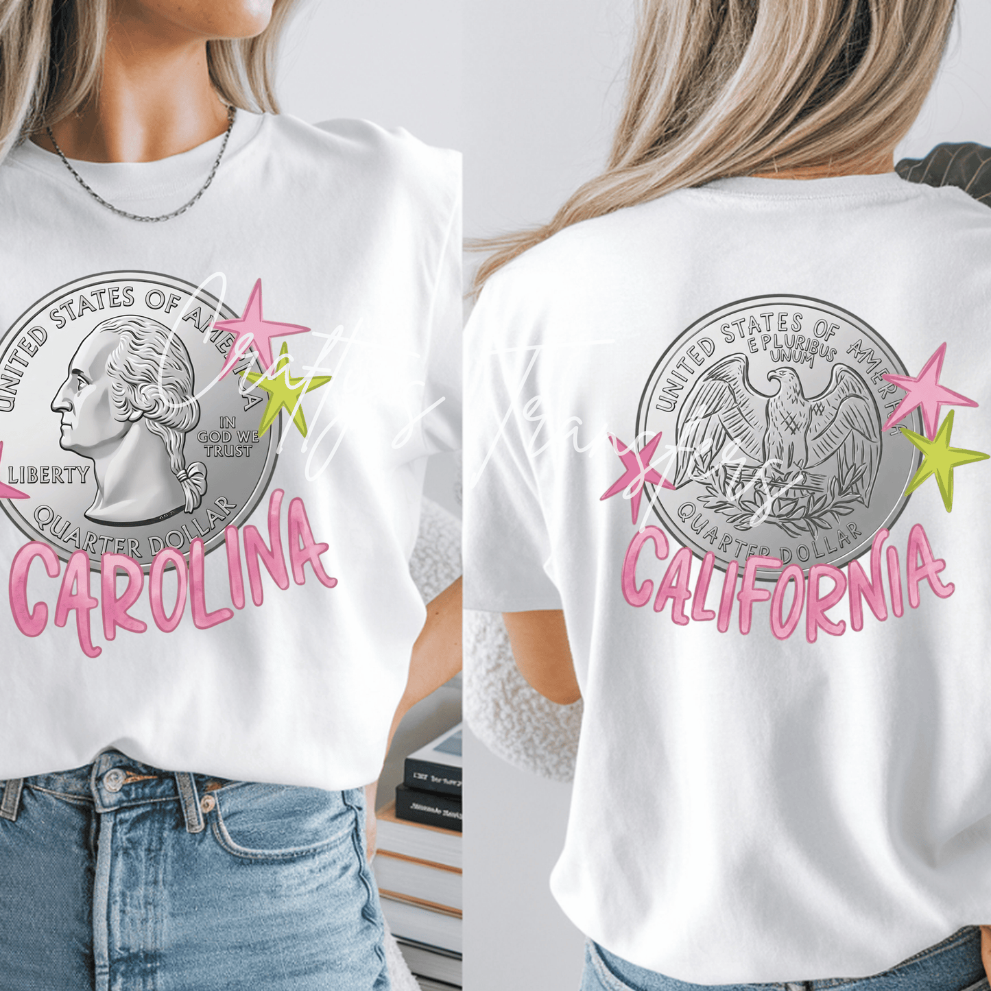 Carolina California Quarter Coin DTF Transfer | Trendy Coastal State Graphic Transfer | Pink Star Aesthetic Tee Design