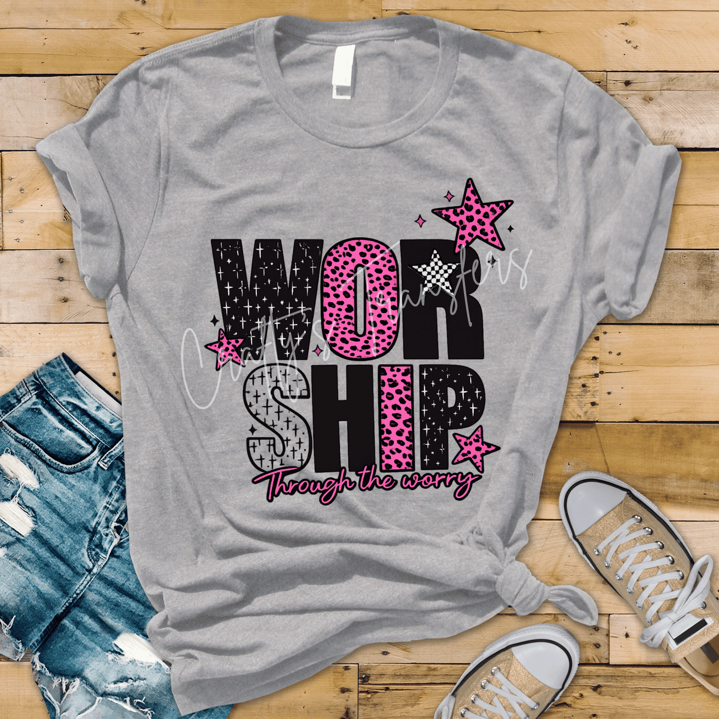 Worship Through the Worry DTF Transfer | Pink Leopard Faith Graphic | Christian Worship Shirt Transfer