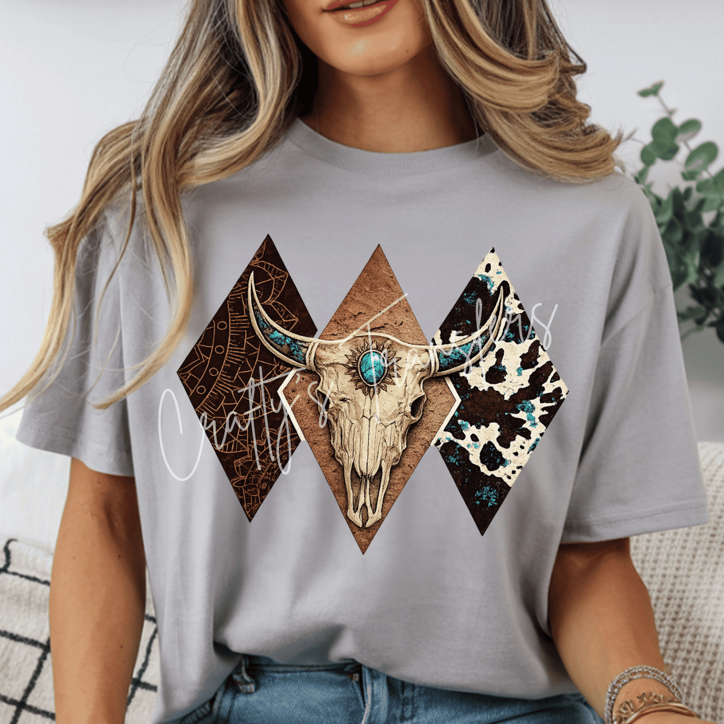 Western Cow Skull DTF Transfer | Turquoise Bull Skull Graphic | Cow Print Western Boutique Shirt Design