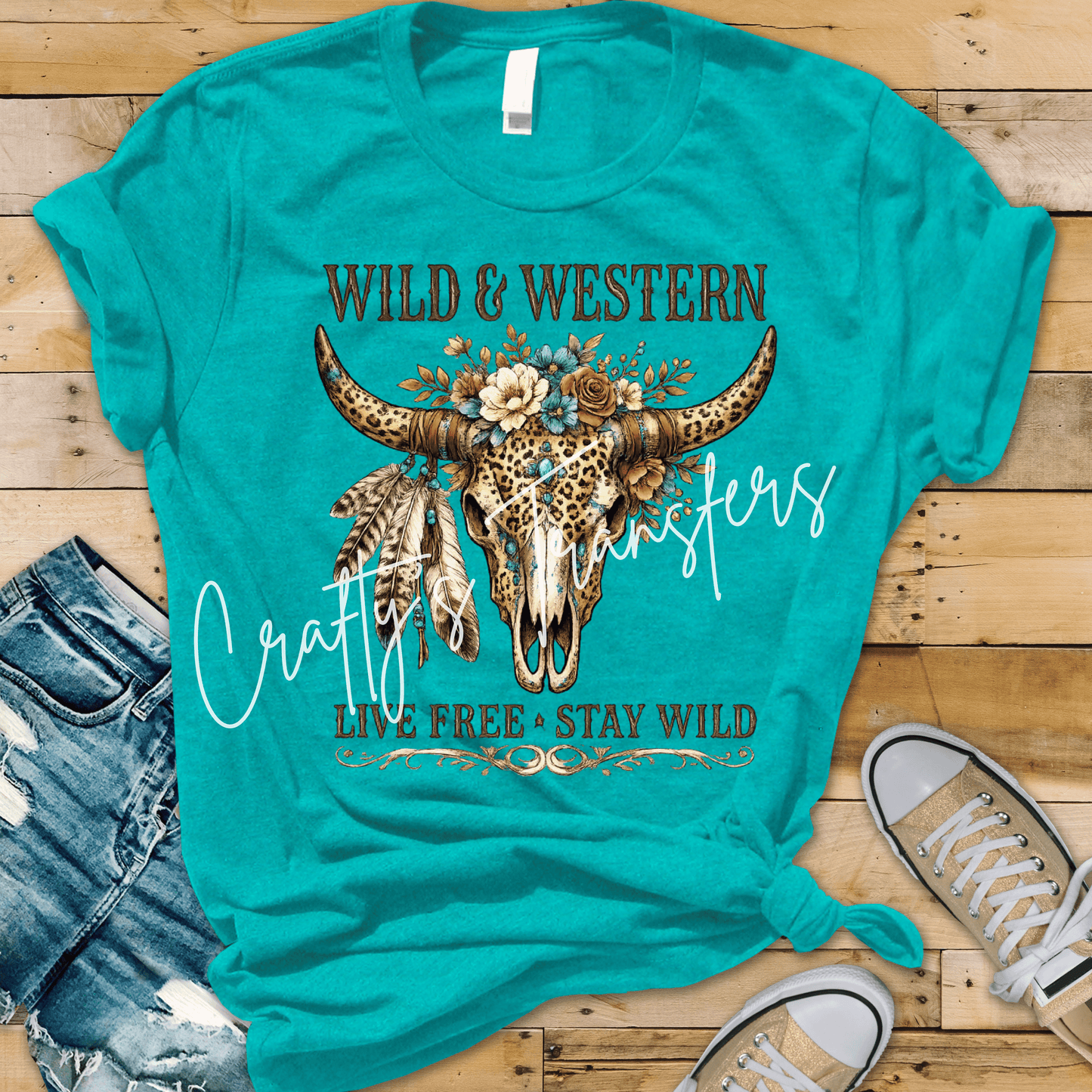Wild & Western DTF Transfer | Leopard Cow Skull Western Graphic | Turquoise Cowgirl Shirt Transfer