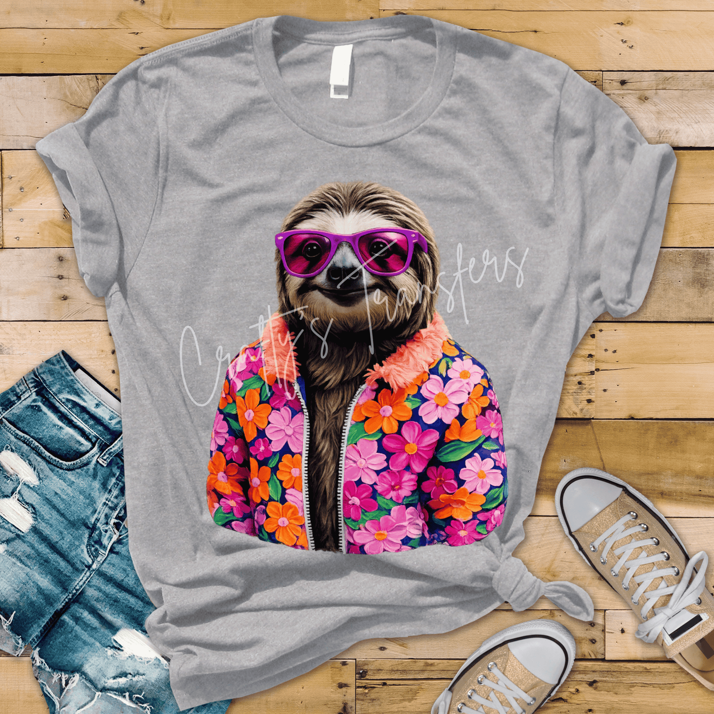 Funny Sloth DTF Transfer | Floral Sloth With Sunglasses Graphic | Cute Boutique Animal Shirt Transfer