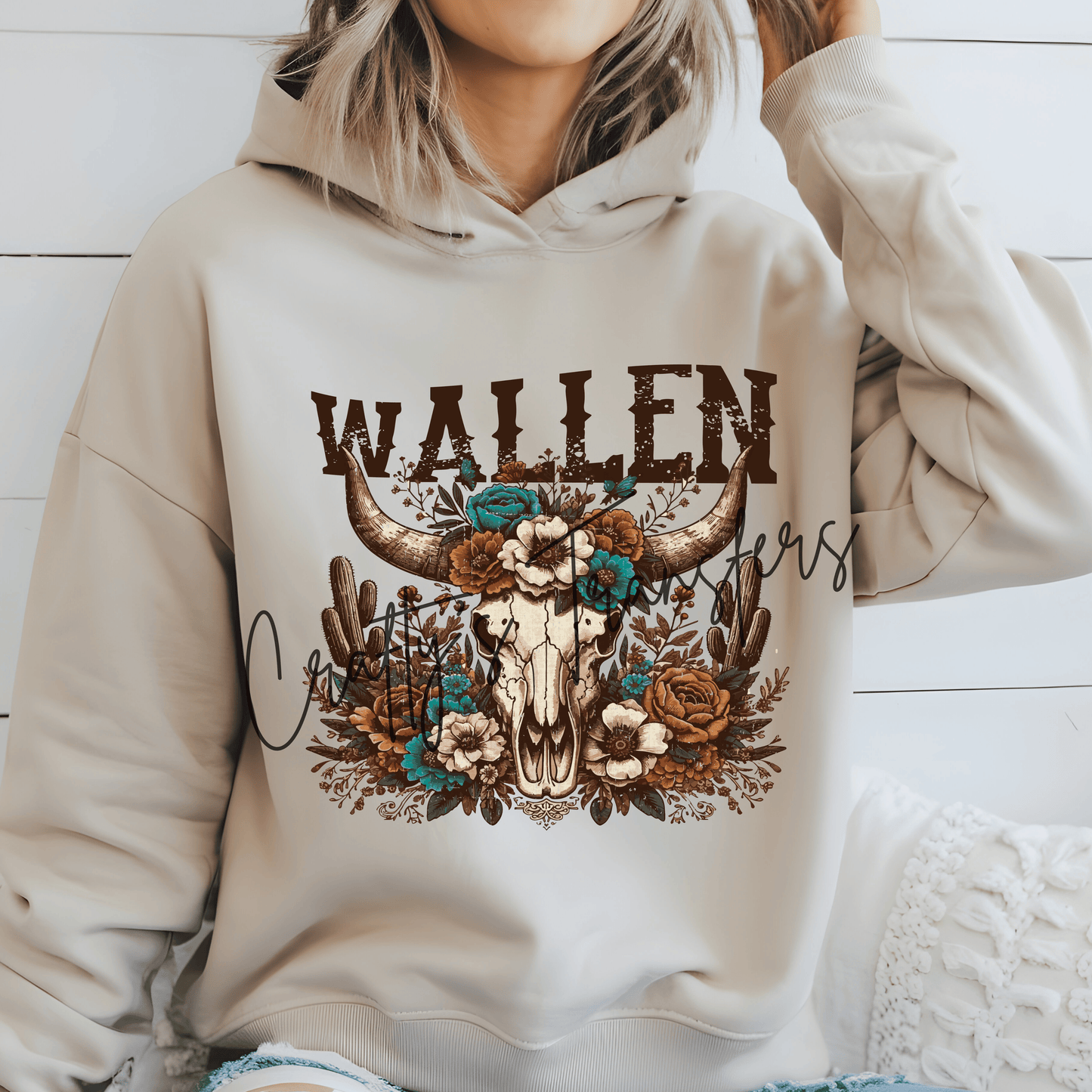 Wallen Western Cow Skull DTF Transfer | Floral Bull Skull Country Graphic | Turquoise Western Boutique Shirt Design