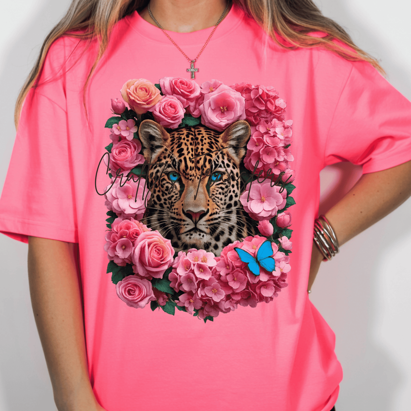 Leopard Floral DTF Transfer | Pink Flower Cheetah Graphic | Blue Eyed Leopard Boutique Shirt Transfer