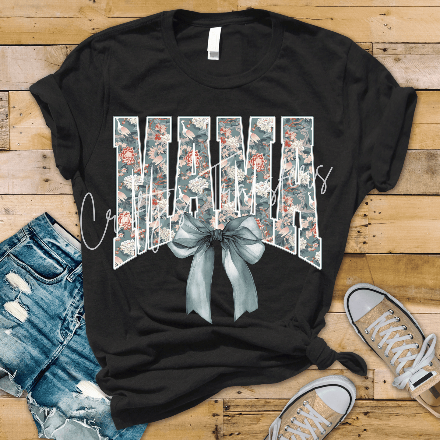 Mama Chinoiserie Floral DTF Transfer | Vintage Blue Floral Bow Mama Heat Transfer