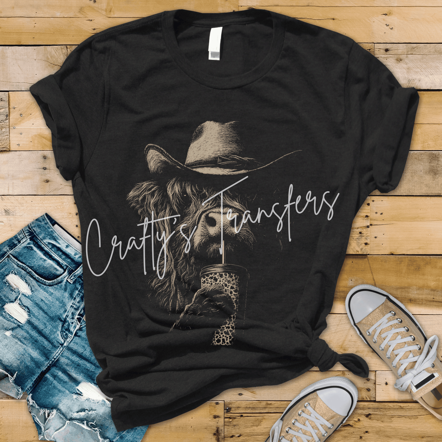 Cowboy Highland Cow DTF Transfer | Western Cow Drinking Tumbler Graphic | Rustic Country Boutique Shirt Design