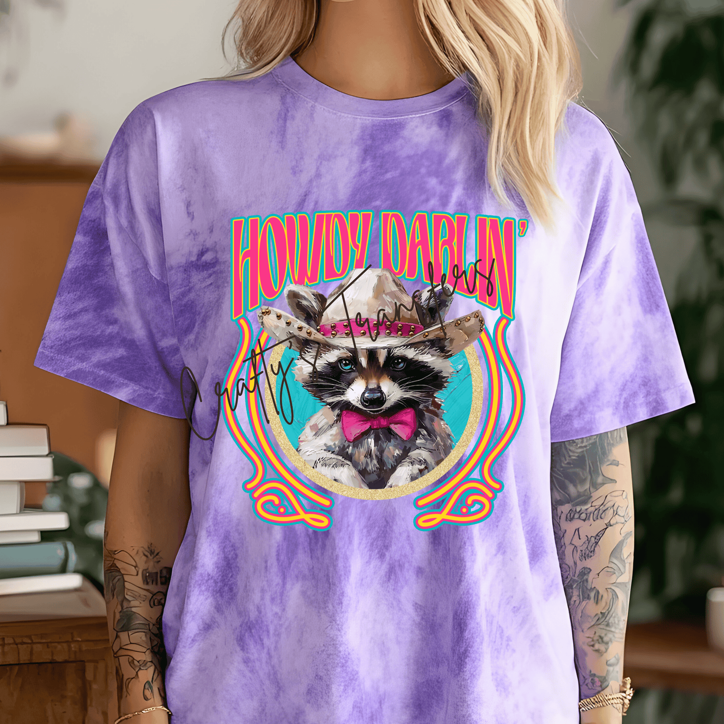 Howdy Darlin’ Raccoon DTF Transfer | Cute Western Cowgirl Raccoon Graphic Tee Transfer | Neon Country Boutique Shirt Design