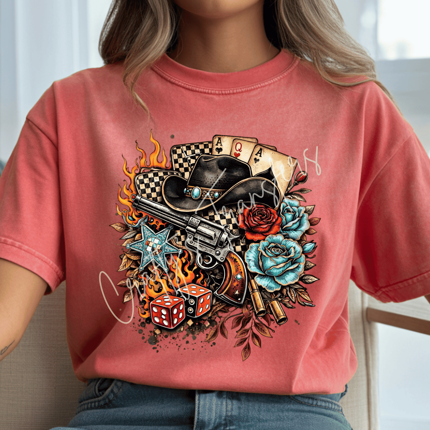 Western Cowgirl Poker DTF Transfer | Vintage Revolver & Roses Graphic Tee Transfer | Rustic Rodeo Western Shirt Design