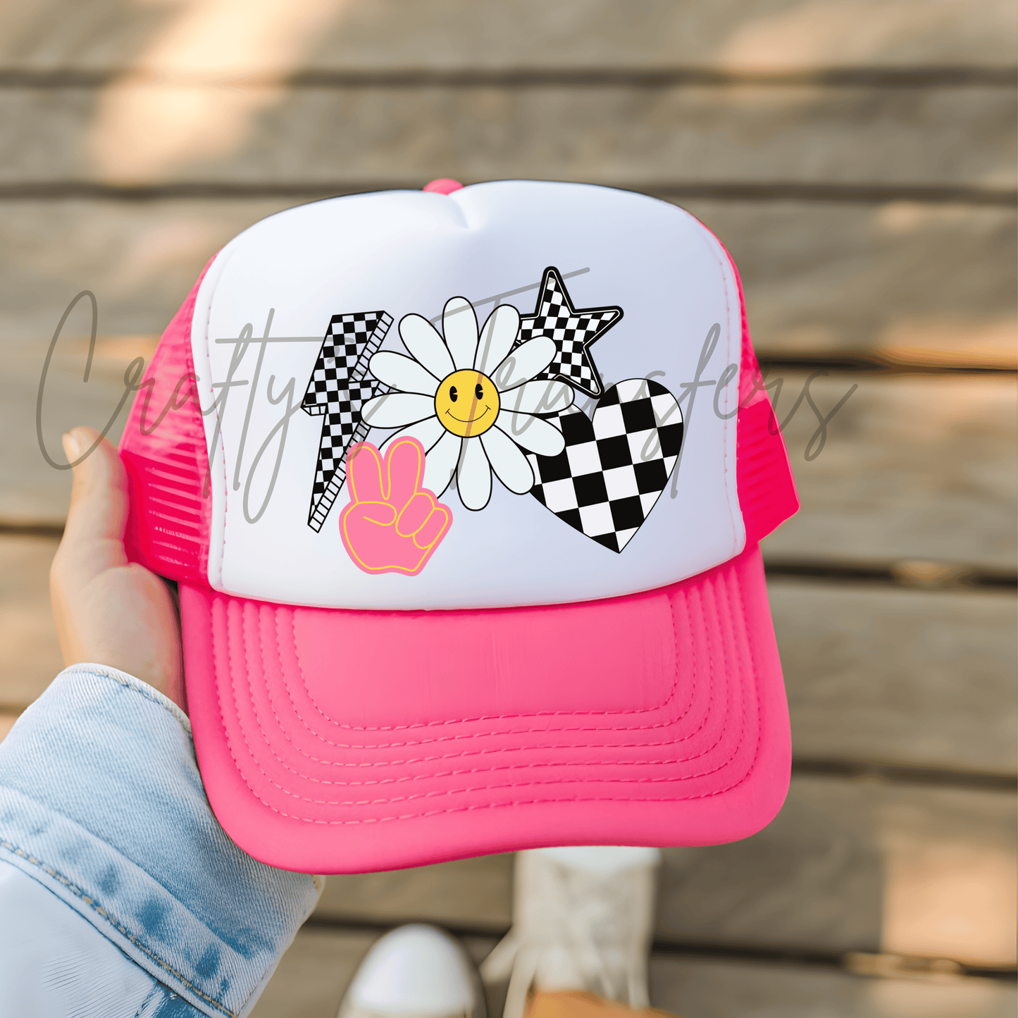 Retro Smiley Daisy DTF Transfer | Checkered Coquette Graphic Transfer | Cute Peace Sign Flower Shirt Design