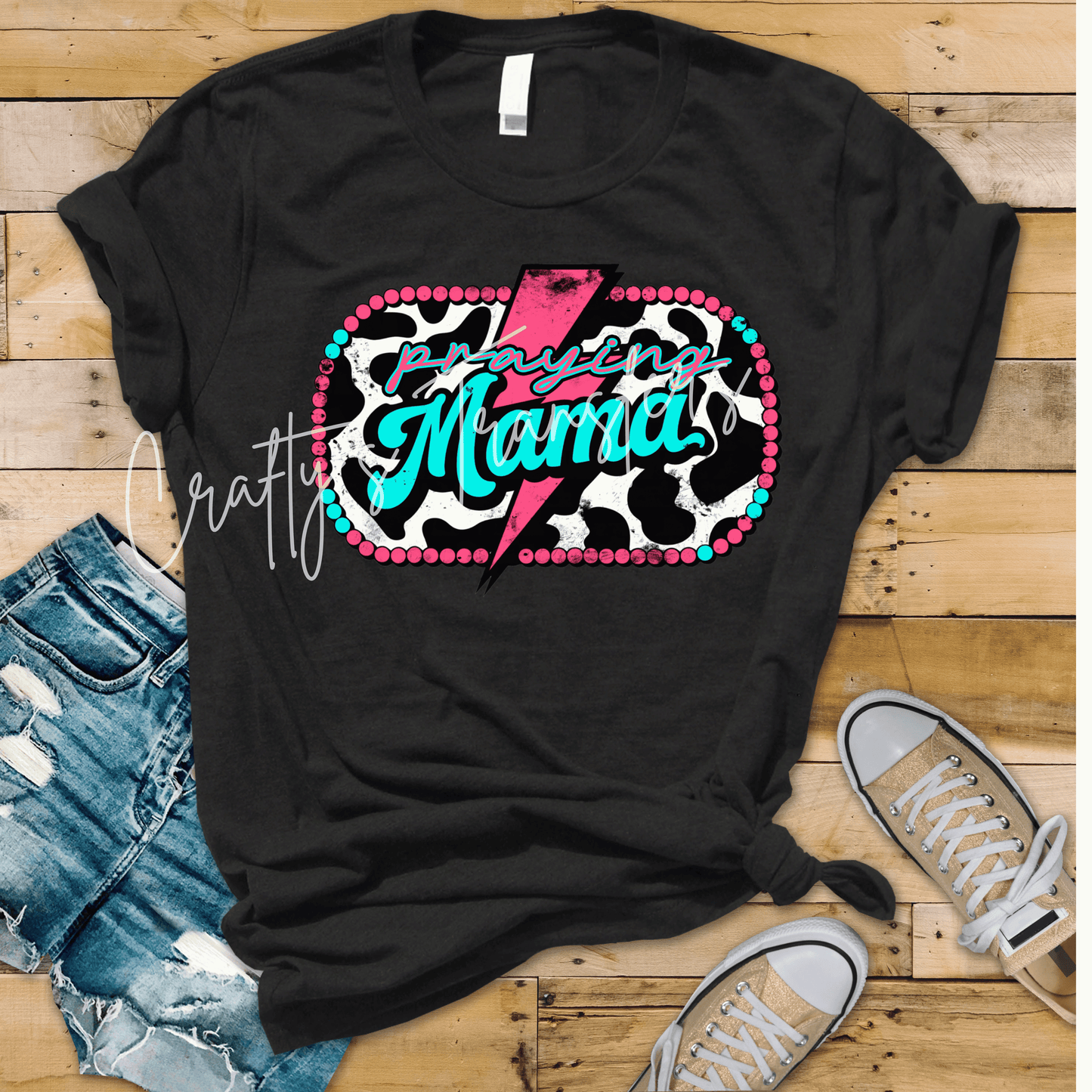 Praying Mama DTF Transfer | Faith Mama Praying Wifey Lightning Bolt Graphic | Christian Mom Wife Shirt Transfer | Cow Print Boutique Design