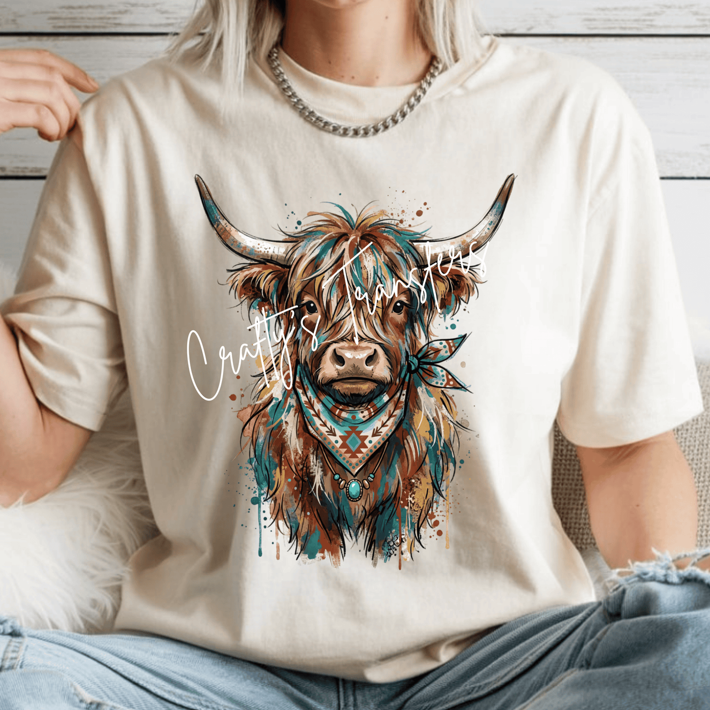 Western Highland Cow DTF Transfer | Aztec Highland Cow Graphic | Turquoise Boho Cow Shirt Design | Rustic Western Farmhouse Transfer