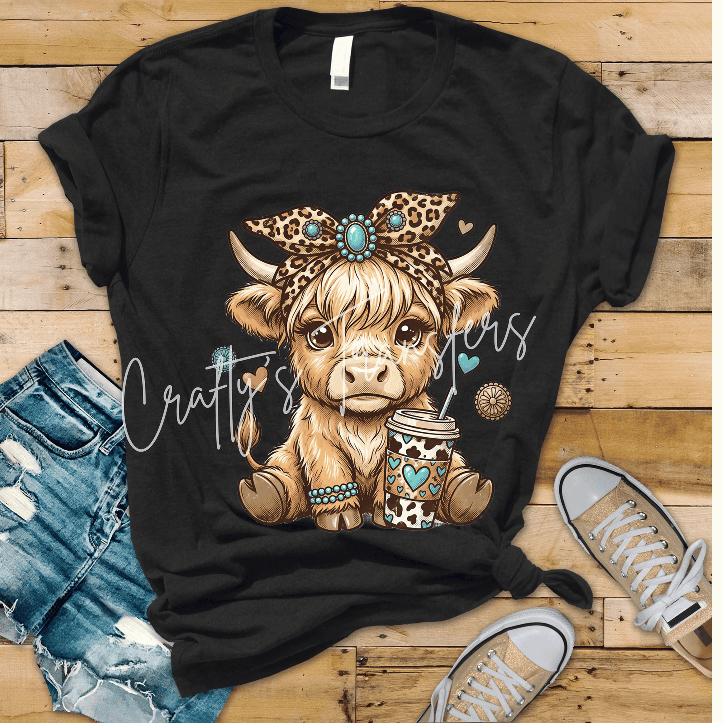 Cute Highland Cow Coffee Lover DTF Transfer | Turquoise Western Cow Graphic | Leopard Bow Cowgirl Shirt Design | Boutique Farmhouse Transfer