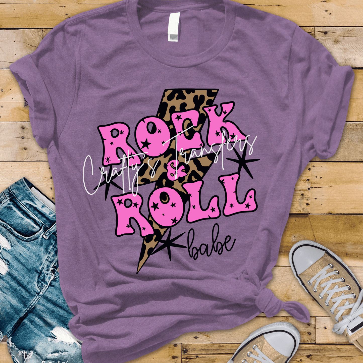 Rock N Roll Babe DTF Transfer | Hot Pink Leopard Lightning Bolt Shirt Transfer | Retro Rocker Heat Transfer | Western Boutique Graphic Tee