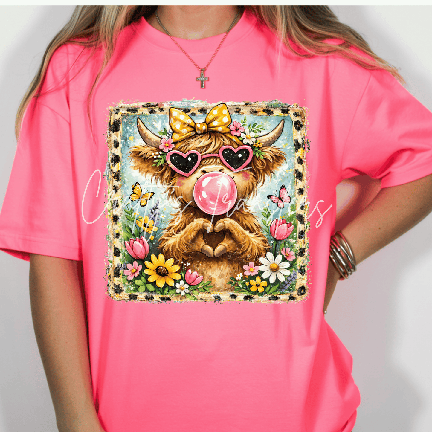 Cute Highland Cow Bubble Gum DTF Transfer | Floral Highland Cow Shirt Transfer | Spring Cowgirl Western Heat Transfer | Cute Cow Graphic